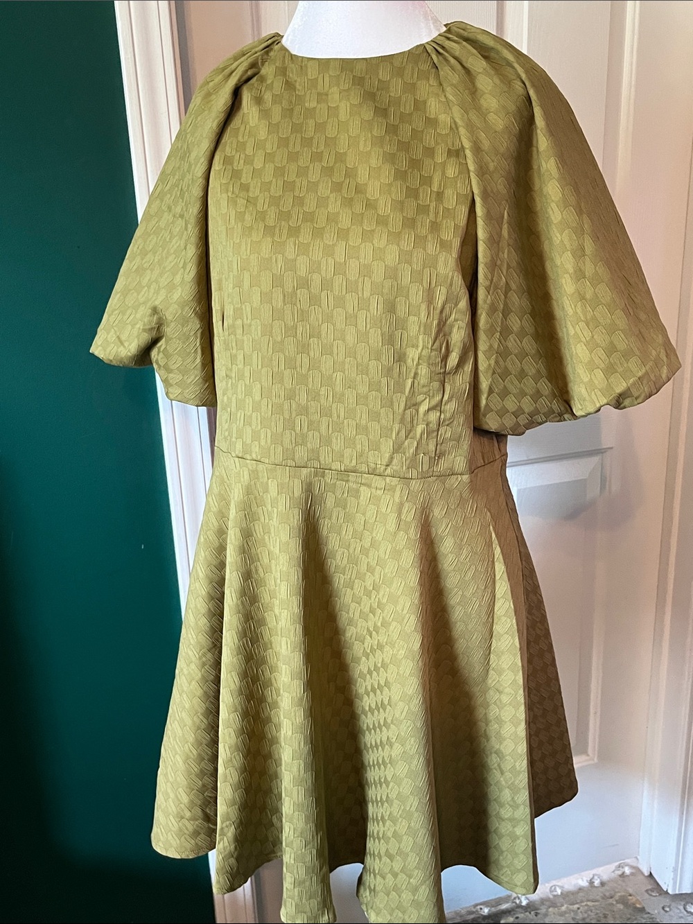 Textured Olive Mini Dress with Flared Skirt and Statement Sleeves